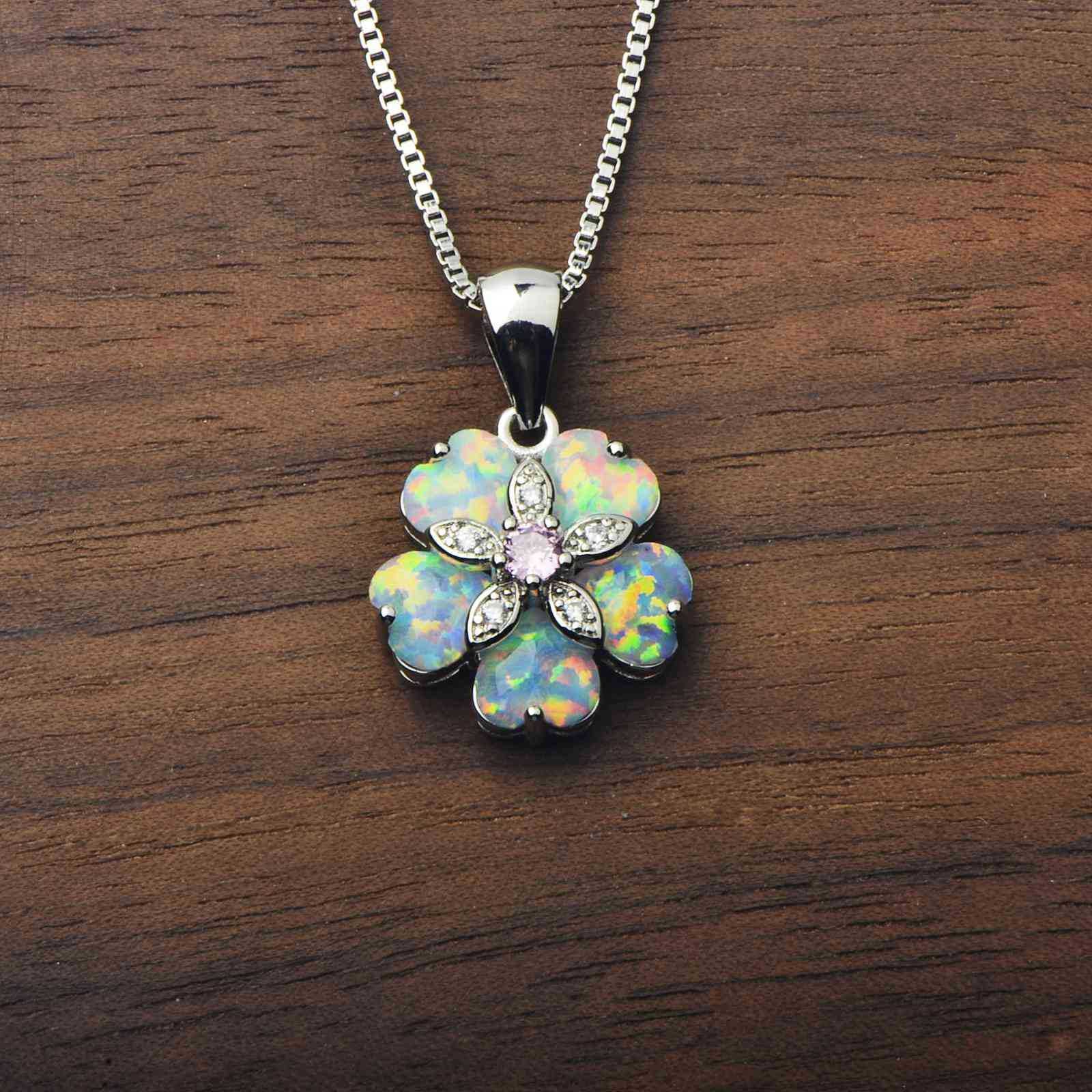 Floral Opal Pendant Necklace with Pink CZ Center