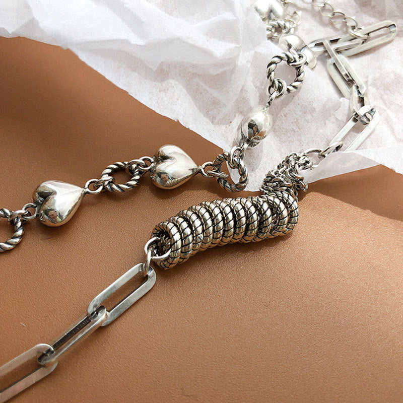2 Styles S925 Sterling Silver Vintage Bracelet Set, Polished Heart Twisted Link Chain & Textured Coil Tassel Rectangular Paperclip Wrist Chain Adjustable Extension Jewelry for Women
