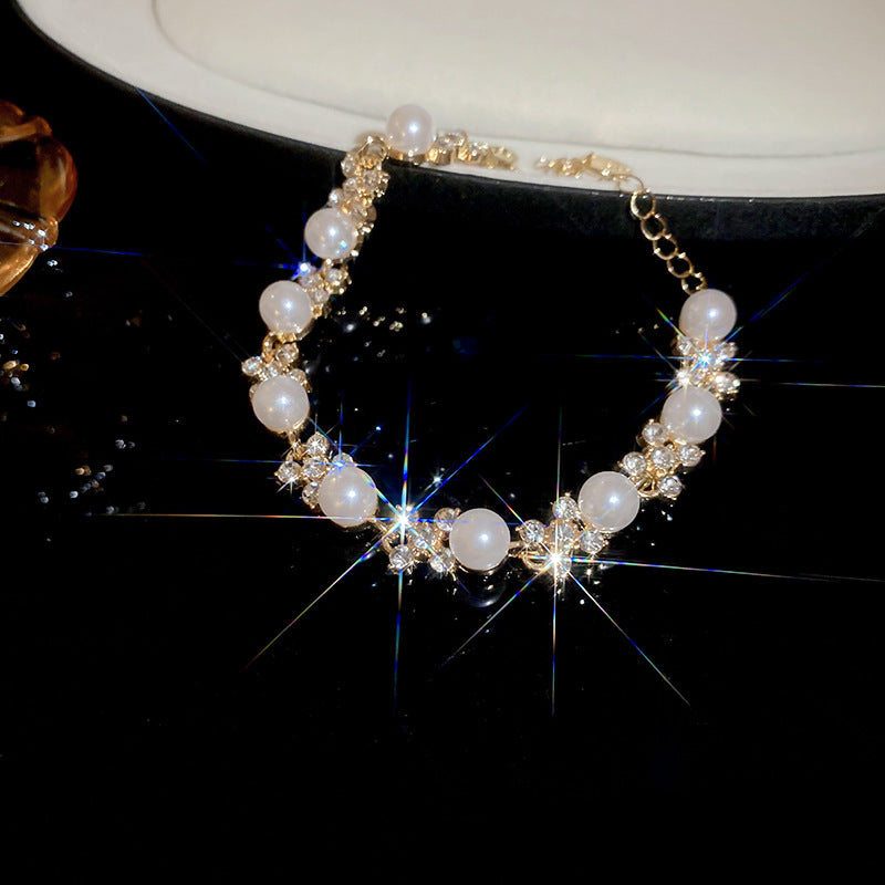 Gold Plated Alloy Pearl Rhinestone Jewelry Set, French Floral Crystal Round Pearl Necklace Bracelet Drop Earrings Matching Set For Women Wedding Party