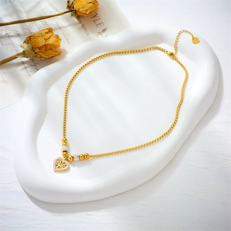 Heart Life Tree Zircon Pendant Necklace, Gold Plated Stainless Steel Hypoallergenic Bead Choker