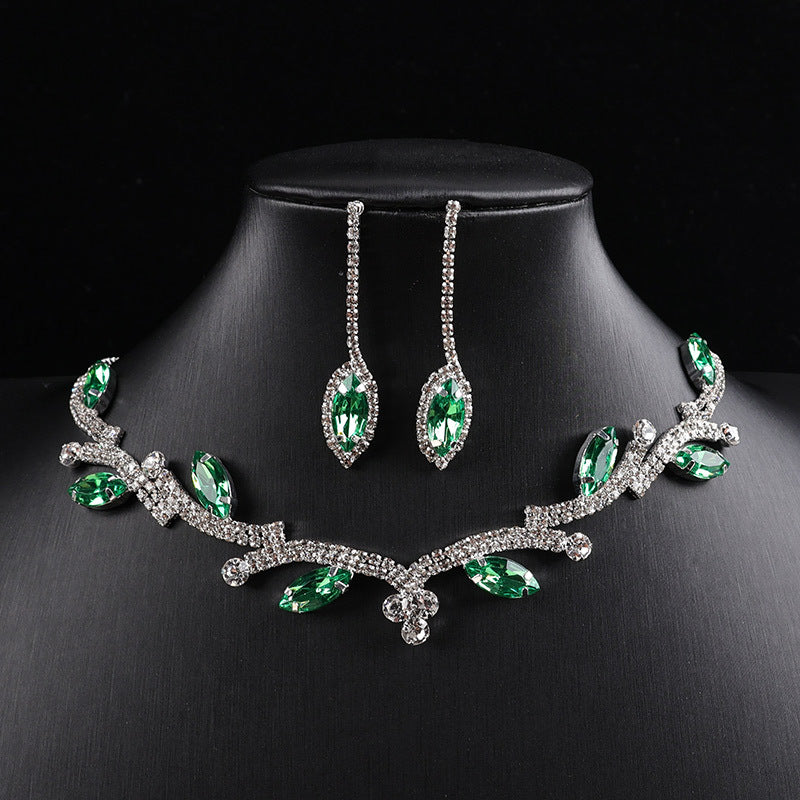 Leaf Branch Marquise Crystal Jewelry Set, Silver Rhinestone Choker Necklace & Long Drop Dangle Earrings Formal Accessory