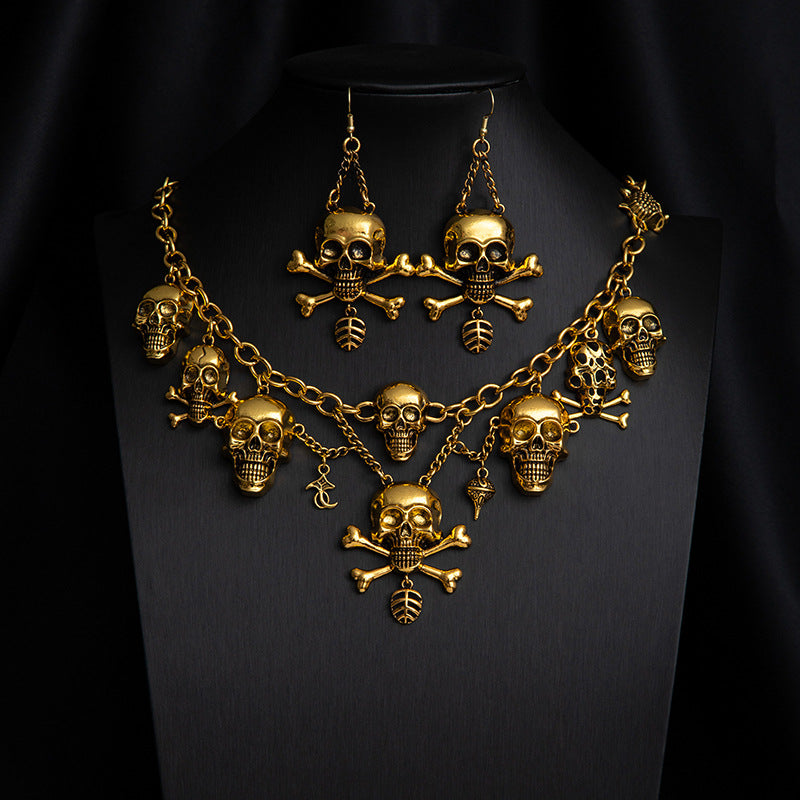 Vintage Gothic Skull Crossbones Jewelry Set, Pirate Skeleton Charm Statement Necklace & Dangle Earrings Halloween Punk Costume Jewelry For Women
