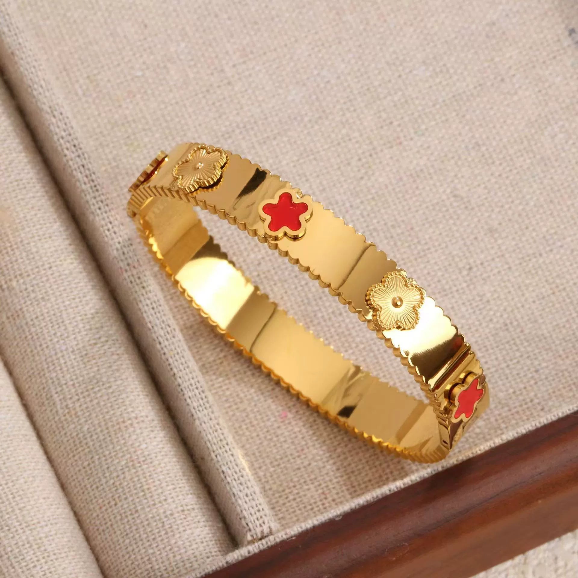 18K Gold Plated Stainless Steel Clover Bangle Bracelet, Tarnish Resistant Enamel Five Leaf Flower Hinged Bangle Stackable Jewelry For Women