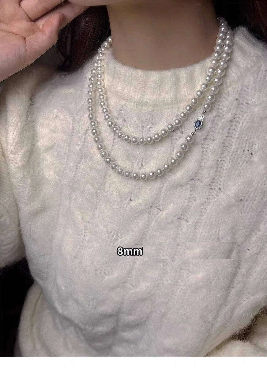 High Luster Natural Australian Mother of Pearl Necklace, 925 Sterling Silver Sapphire Inlaid Clasp, 45CM Single Strand Round Shell Pearl Choker, Elegant Vintage Pearl Jewelry for Wedding Party Daily Outfit Gift for Women