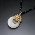80cm Long Vintage White Jade Peace Donut Peacock Pendant Sweater Necklace Black Faceted Crystal Bead Chain Gold Plated Chinese Ethnic Layering Jewelry For Women