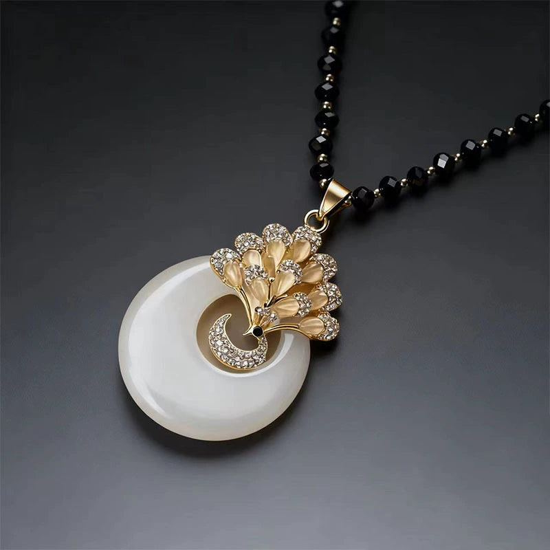 80cm Long Vintage White Jade Peace Donut Peacock Pendant Sweater Necklace Black Faceted Crystal Bead Chain Gold Plated Chinese Ethnic Layering Jewelry For Women