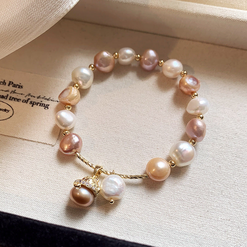 Multicolor Baroque Freshwater Pearl Stretch Bracelet, Irregular Pastel Pink White Pearl Beaded Wrist Bracelet with Paved Crystal Pearl Charm for Women Daily Bridal Wear