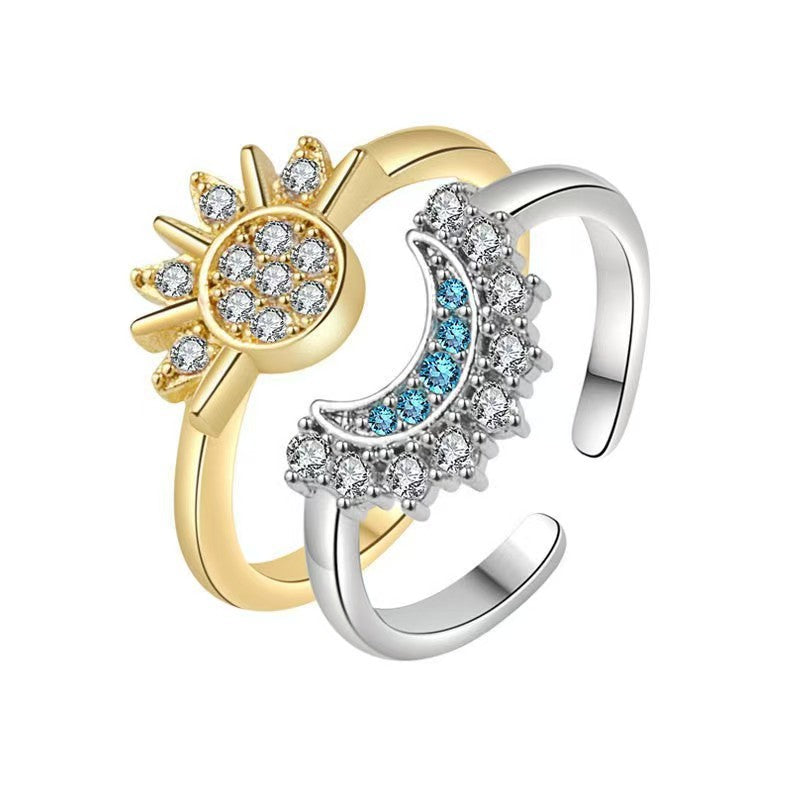 2Pcs Sun Moon Stackable Open Ring Set, Silver & Gold Plated Cubic Zirconia Adjustable Couple Rings
