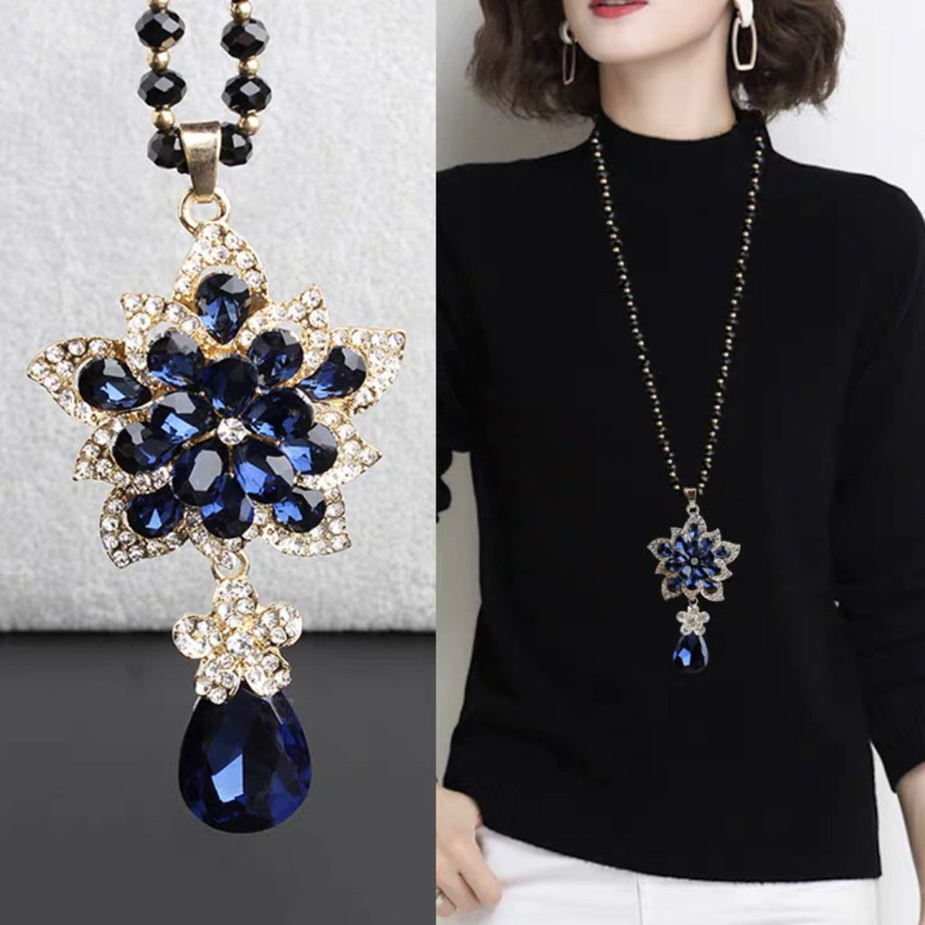 Floral Crystal Teardrop Pendant Long Sweater Necklace Black Bead Chain Gold Plated Women Vintage Jewelry