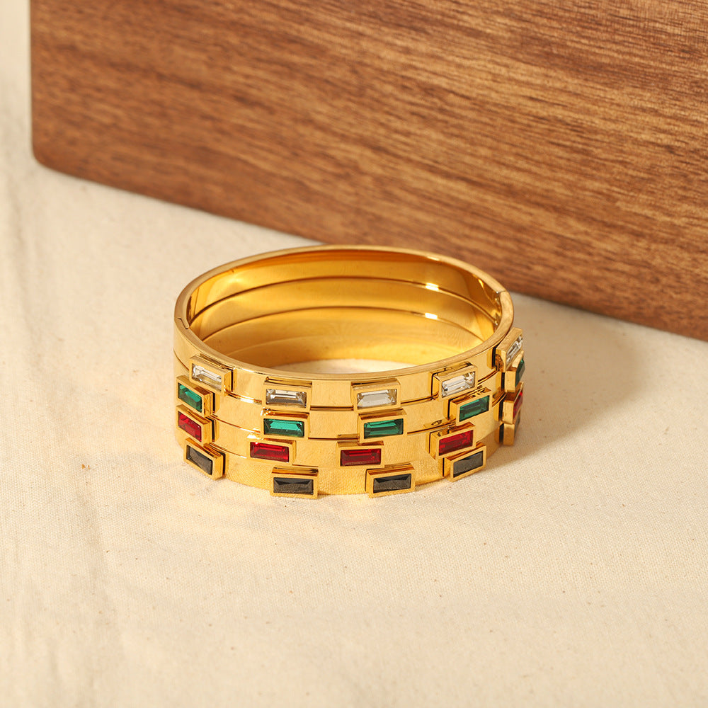 18K Gold Plated Stainless Steel Baguette Cubic Zirconia Hinged Bangle, Tarnish Resistant Rectangle Crystal Open Cuff Bracelet Stackable Jewelry For Women