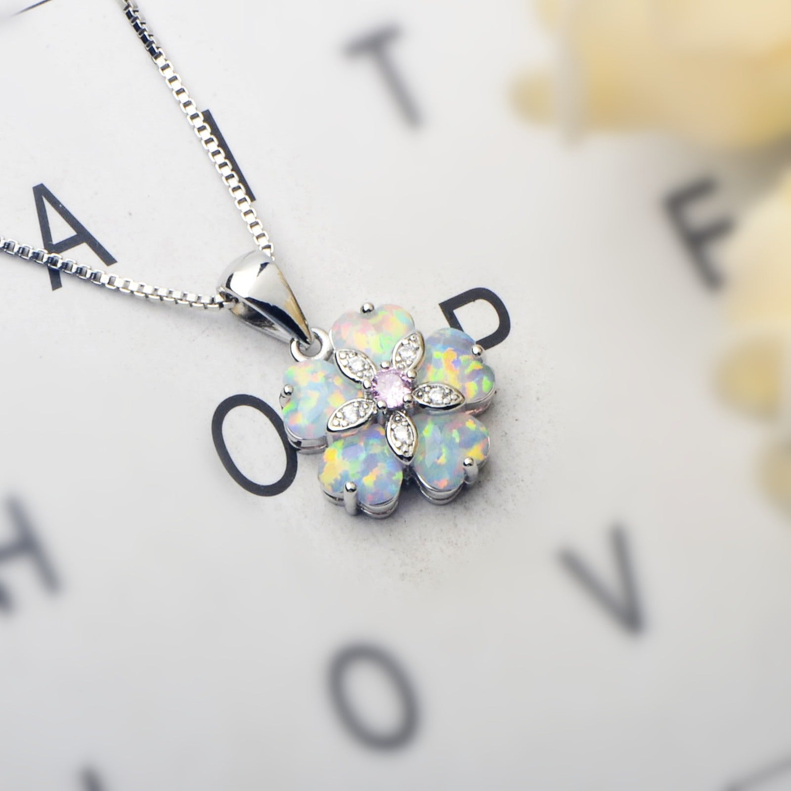 Floral Opal Pendant Necklace with Pink CZ Center