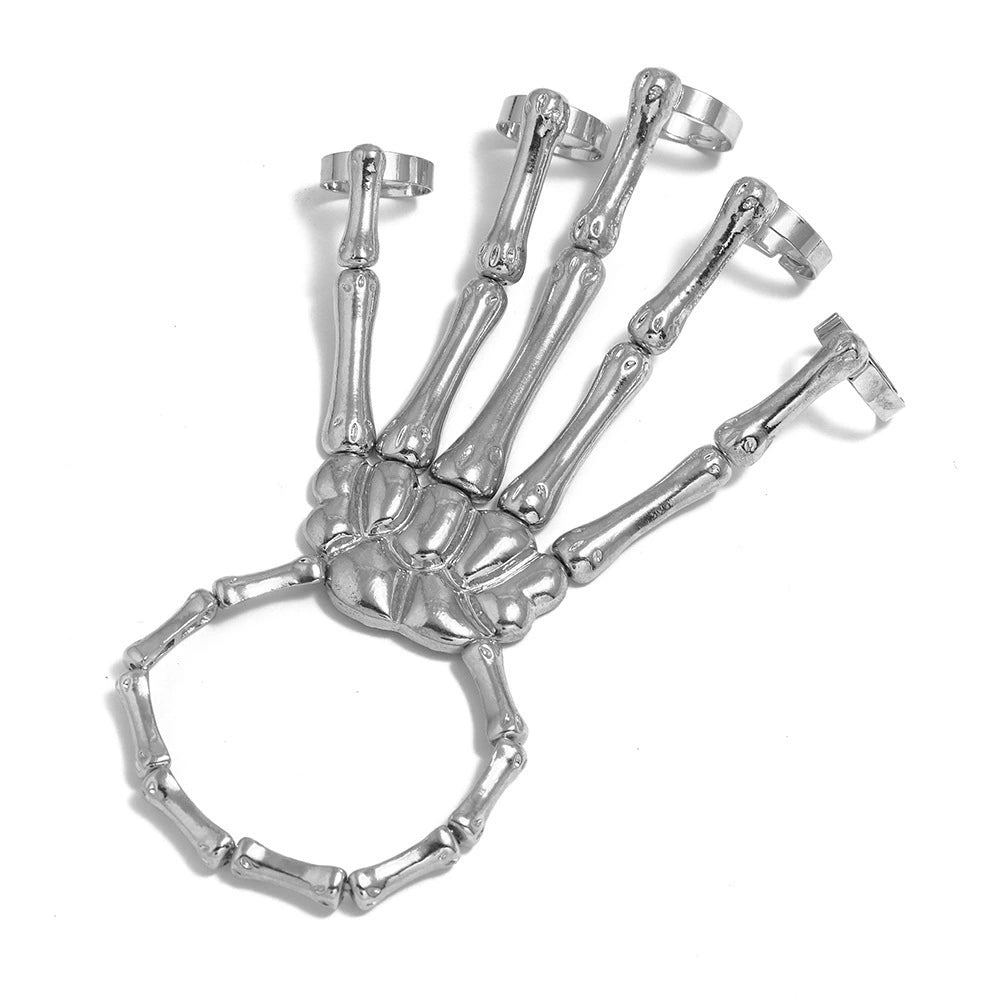 Gothic Punk Skeleton Hand Bone Finger Rings Bracelet, Adjustable Skull Hand Slave Bracelet, Halloween Cosplay Accessory