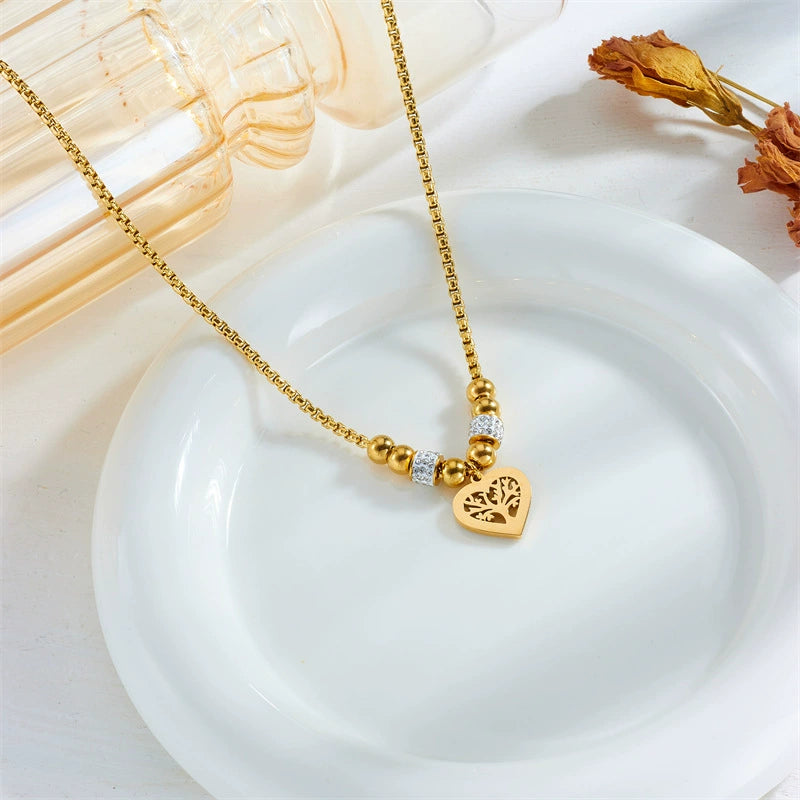 Heart Life Tree Zircon Pendant Necklace, Gold Plated Stainless Steel Hypoallergenic Bead Choker