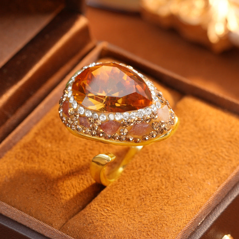 Vintage Large Pear Shape Thermochromic Mood Crystal Ring Full Surround Clear Rhinestone Adjustable Open Band Anti-Fade Gold Ladies Evening Party Jewelry Gift