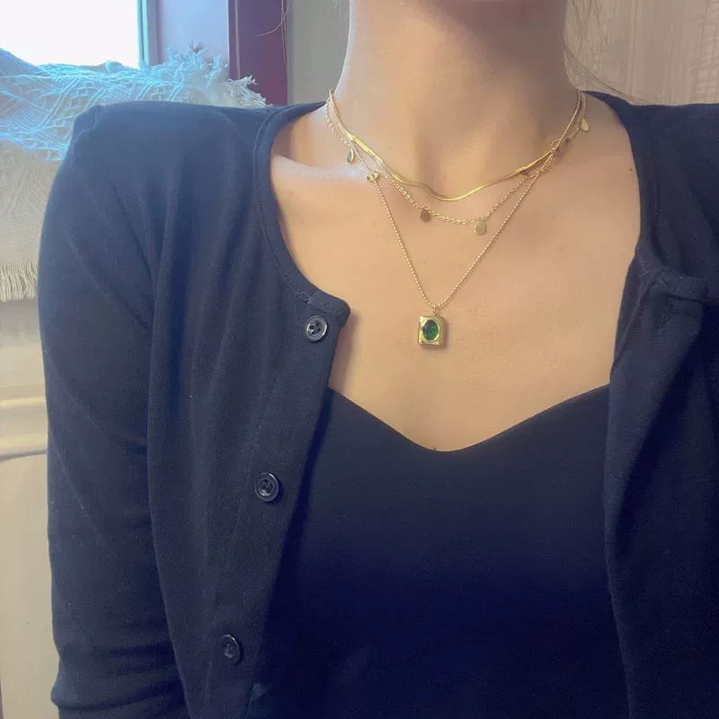 Double Layer Green Zircon Square Pendant Necklace, Hypoallergenic Snake Chain Layering Choker
