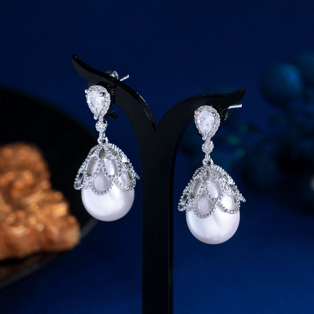 Boucles d'oreilles pendantes en forme de goutte, en dentelle, avec perles et oxyde de zirconium AAA+, hypoallergéniques