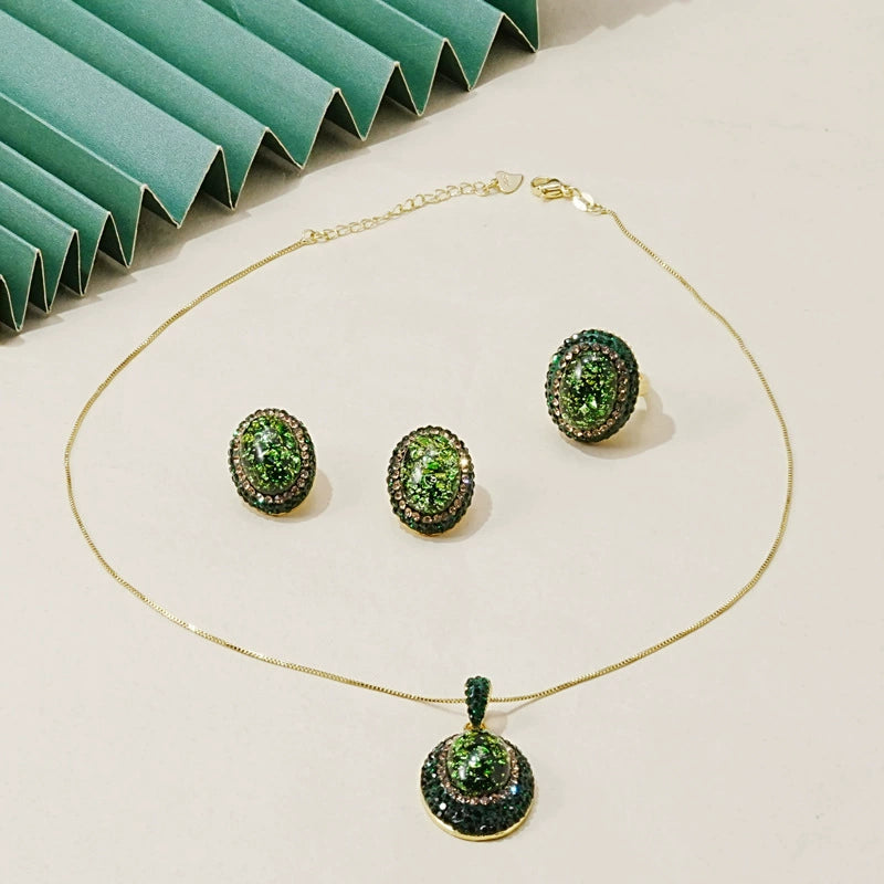 Retro Forest Green Flake Crystal Inlay Jewelry Kit Oval Cabochon Pendant Necklace Matching Stud Earring & Statement Open Ring Anti-Tarnish Gold Plated Ladies Gift Set