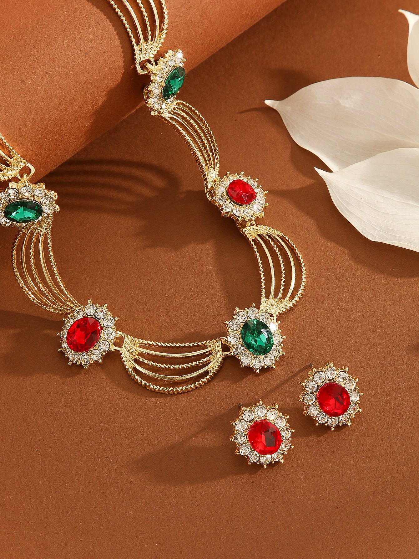 Vintage Wing Shape Multicolor Crystal Necklace & Earring Jewelry Set