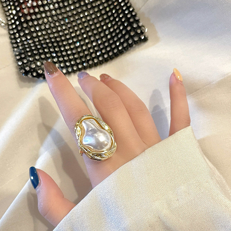 Vintage Irregular Baroque Pearl Open Adjustable Ring, Gold Silver Plated Chunky Statement Finger Ring
