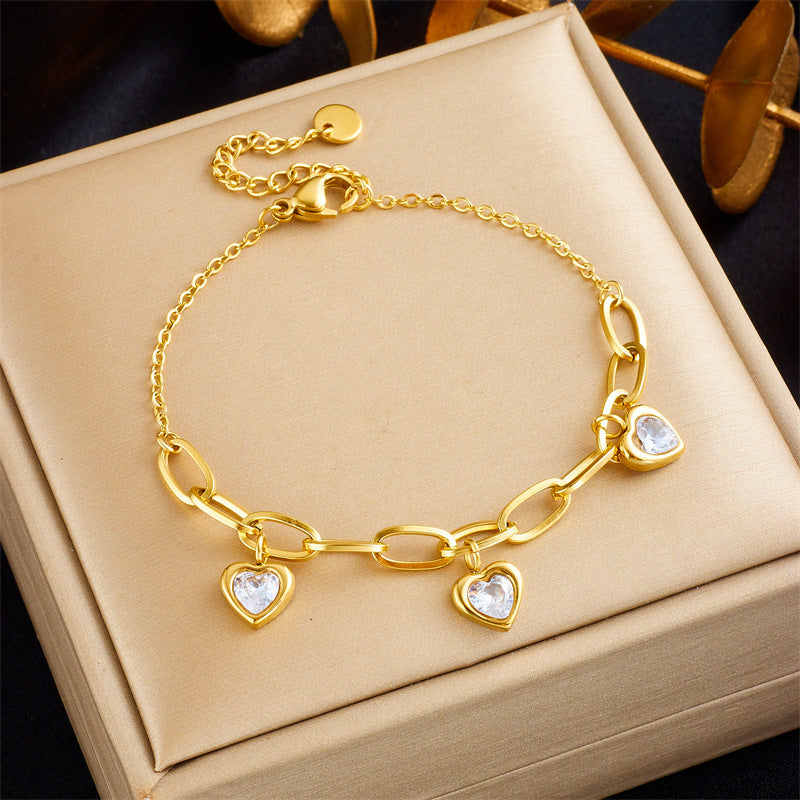 18K Gold Plated Stainless Steel Paperclip Chain Heart Cubic Zirconia Charm Bracelet, Adjustable Dainty Bracelet