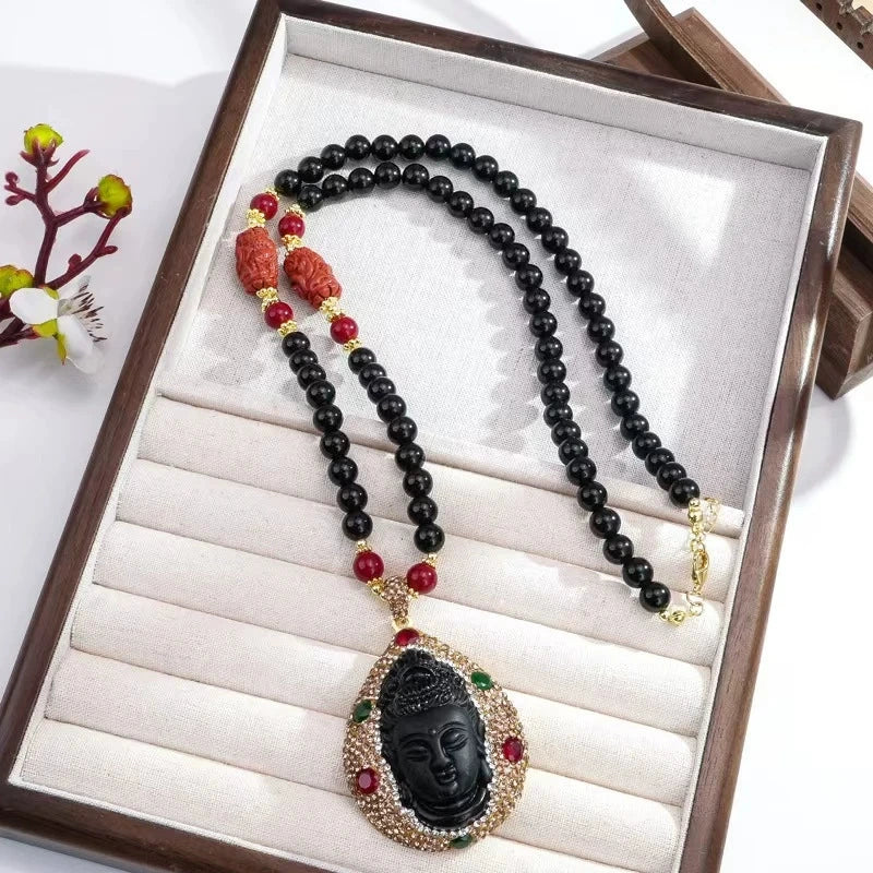 Spiritual Protection Buddha Head Charm Necklace 80cm Adjustable Extension Black Stone Beaded Chain Sparkly Rhinestone Multi-Color Gem Inlay Gold Plated Unisex Sweater Chain