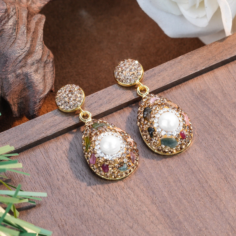 Hand Inlaid Baroque Pearl Tourmaline 3Pcs Jewelry Set Irregular Freshwater Pearl Long Sweater Chain Drop Earrings Statement Ring Gold Plated Vintage Women Gift