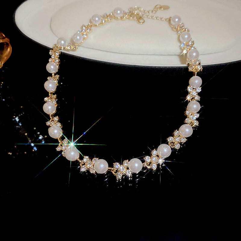 Gold Plated Alloy Pearl Rhinestone Jewelry Set, French Floral Crystal Round Pearl Necklace Bracelet Drop Earrings Matching Set For Women Wedding Party