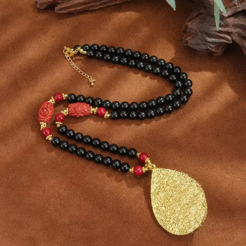 Spiritual Protection Buddha Head Charm Necklace 80cm Adjustable Extension Black Stone Beaded Chain Sparkly Rhinestone Multi-Color Gem Inlay Gold Plated Unisex Sweater Chain