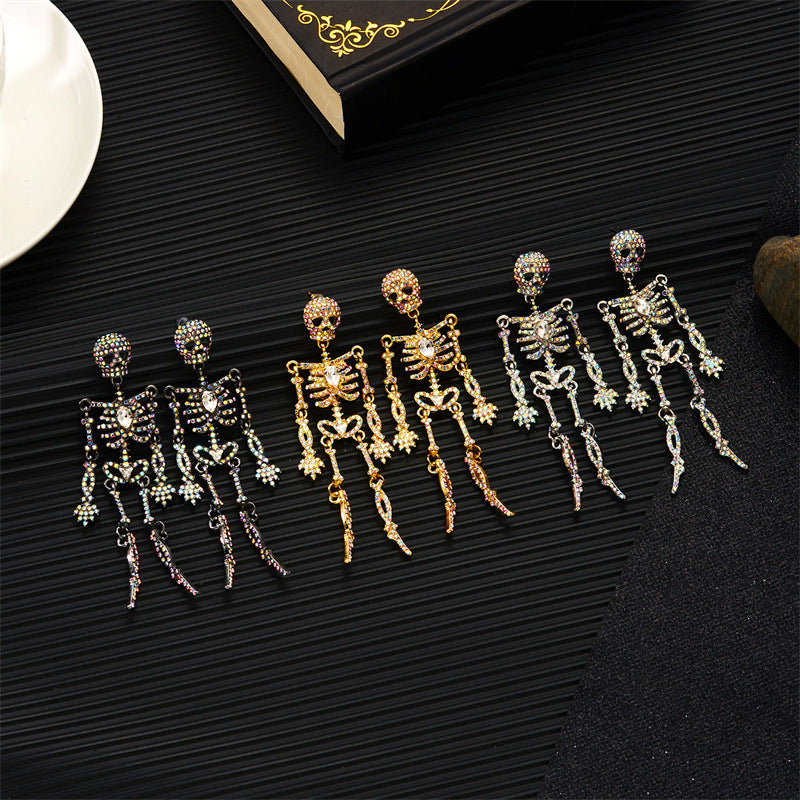 Rhinestone Skeleton Dangle Earrings, Vintage Articulated Skull Drop Earrings Gothic Halloween Party Statement Earrings For Women