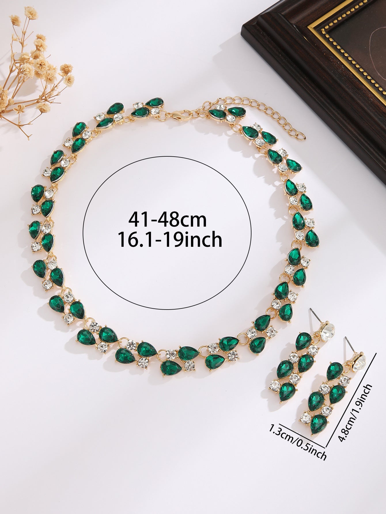 Teardrop Sapphire/Emerald Crystal Necklace & Drop Earring Formal Jewelry Set