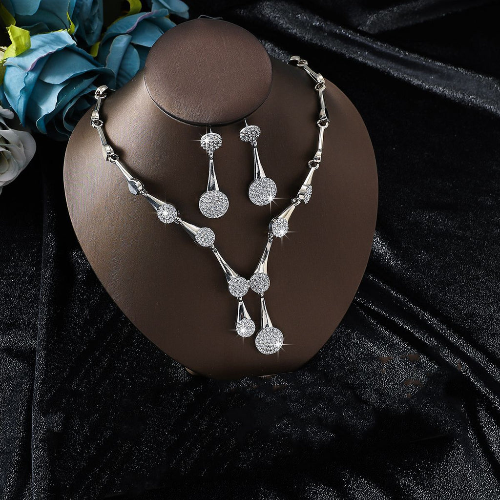 3Pcs Round Pave CZ Jewelry Set | Necklace + Drop Earrings + Bracelet, Hypoallergenic Gold/Silver Plated