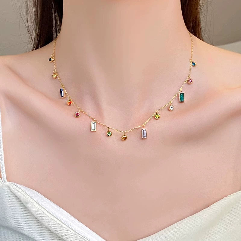 Colorful Zircon Drop Choker, Hypoallergenic Titanium Steel Dainty Geometric Pendant Necklace