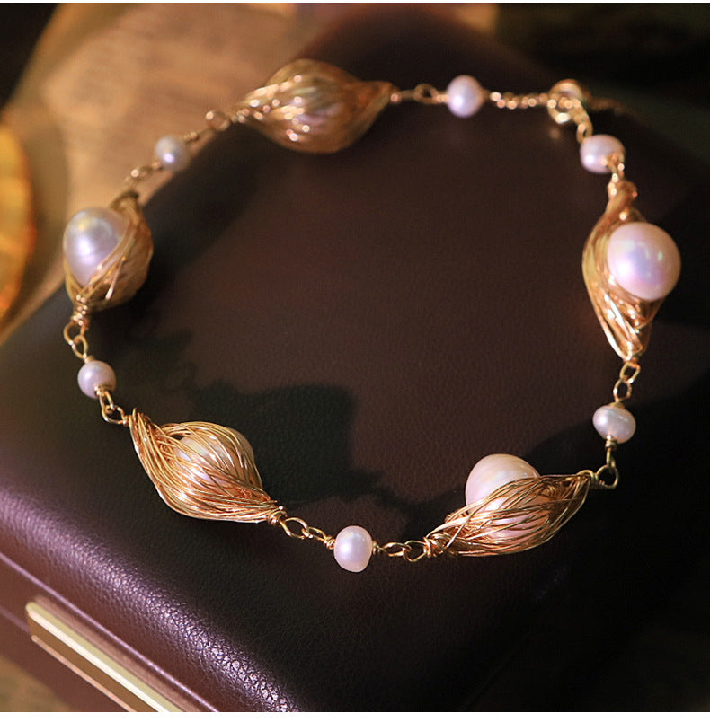 Hand Woven Gold Wire Oval Natural Freshwater Pearl Pull Adjustable Bracelet, Double Layer Tassel Pearl Slide Bracelet Elegant Dainty Wrist Jewelry for Women Wedding Daily Wear