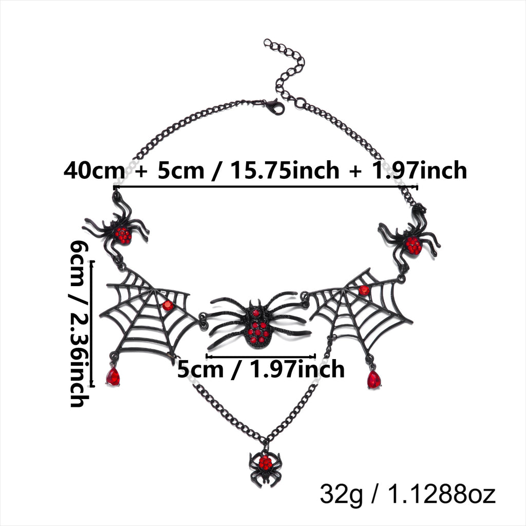 Black Spider Web Red Rhinestone Jewelry Set, Gothic Spider Choker Necklace & Dangle Earrings Halloween Punk Statement Jewelry Set For Women