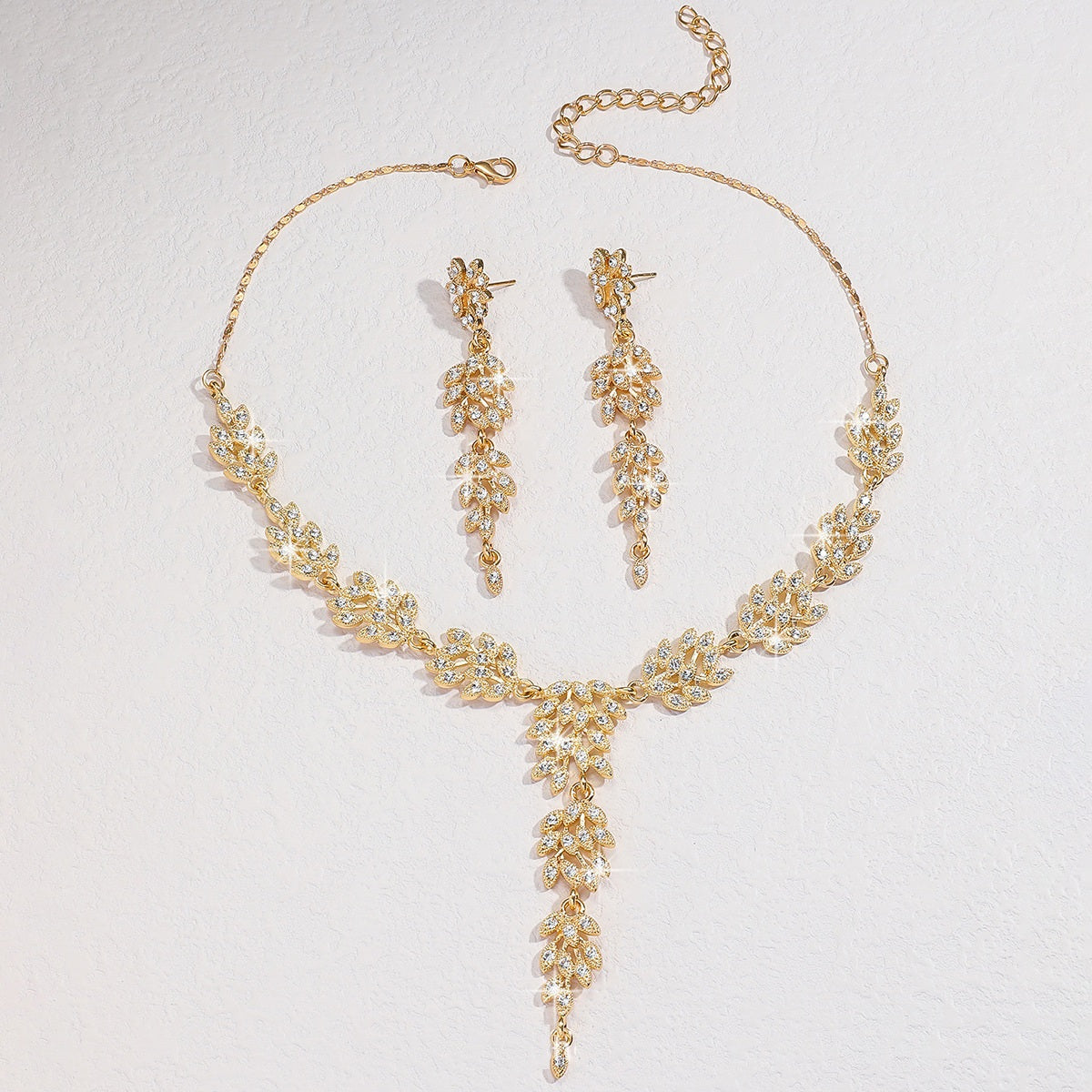 Leaf Shape Cubic Zirconia Jewelry Set | Necklace & Drop Earrings, Hypoallergenic 3 Colors
