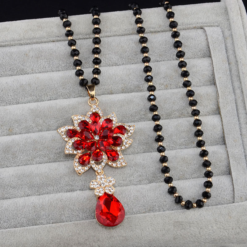 Floral Crystal Teardrop Pendant Long Sweater Necklace Black Bead Chain Gold Plated Women Vintage Jewelry