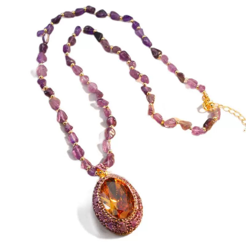 Color Changing Purple Sultan Stone Pendant Sweater Necklace Natural Amethyst Chip Beaded Chain Gold Plated Rhinestone Halo Women Luxury Jewelry