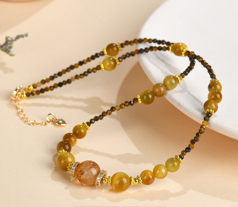 Natural Golden Tiger Eye & Yellow Rutilated Quartz Choker Necklace for Women, Dainty Beaded Tiger Eye Stone Collarbone Necklace with Extension Chain, Crystal Healing Jewelry Gift