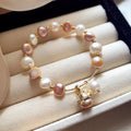 Multicolor Baroque Freshwater Pearl Stretch Bracelet, Irregular Pastel Pink White Pearl Beaded Wrist Bracelet with Paved Crystal Pearl Charm for Women Daily Bridal Wear