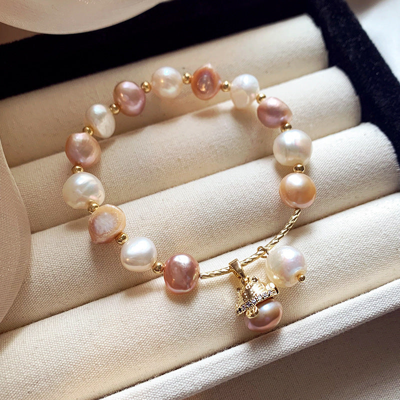 Multicolor Baroque Freshwater Pearl Stretch Bracelet, Irregular Pastel Pink White Pearl Beaded Wrist Bracelet with Paved Crystal Pearl Charm for Women Daily Bridal Wear