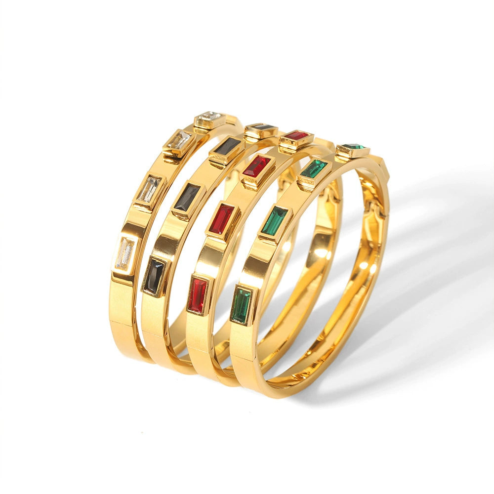 18K Gold Plated Stainless Steel Baguette Cubic Zirconia Hinged Bangle, Tarnish Resistant Rectangle Crystal Open Cuff Bracelet Stackable Jewelry For Women