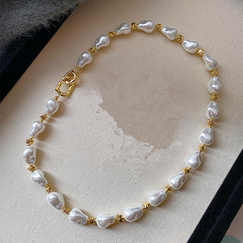 Vintage French Irregular Baroque Faux Pearl Jewelry Set, Chunky Baroque Pearl Choker Necklace & Stackable Bracelet, Gold Plated Toggle Clasp Elegant Bridal Daily Layering Jewelry Gift For Women