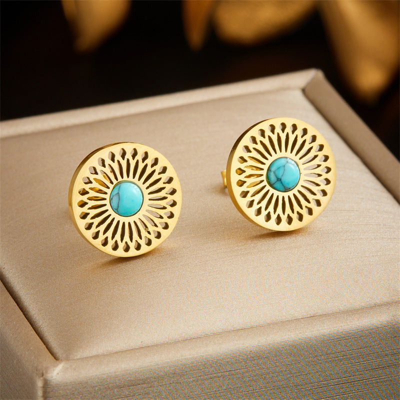 Stainless Steel Turquoise Crystal 2Pcs Jewellery Set, Hollow Floral Round Pendant Necklace & Stud Earrings, Tarnish Resistant 18K Gold Plated Boho Gemstone Set For Women