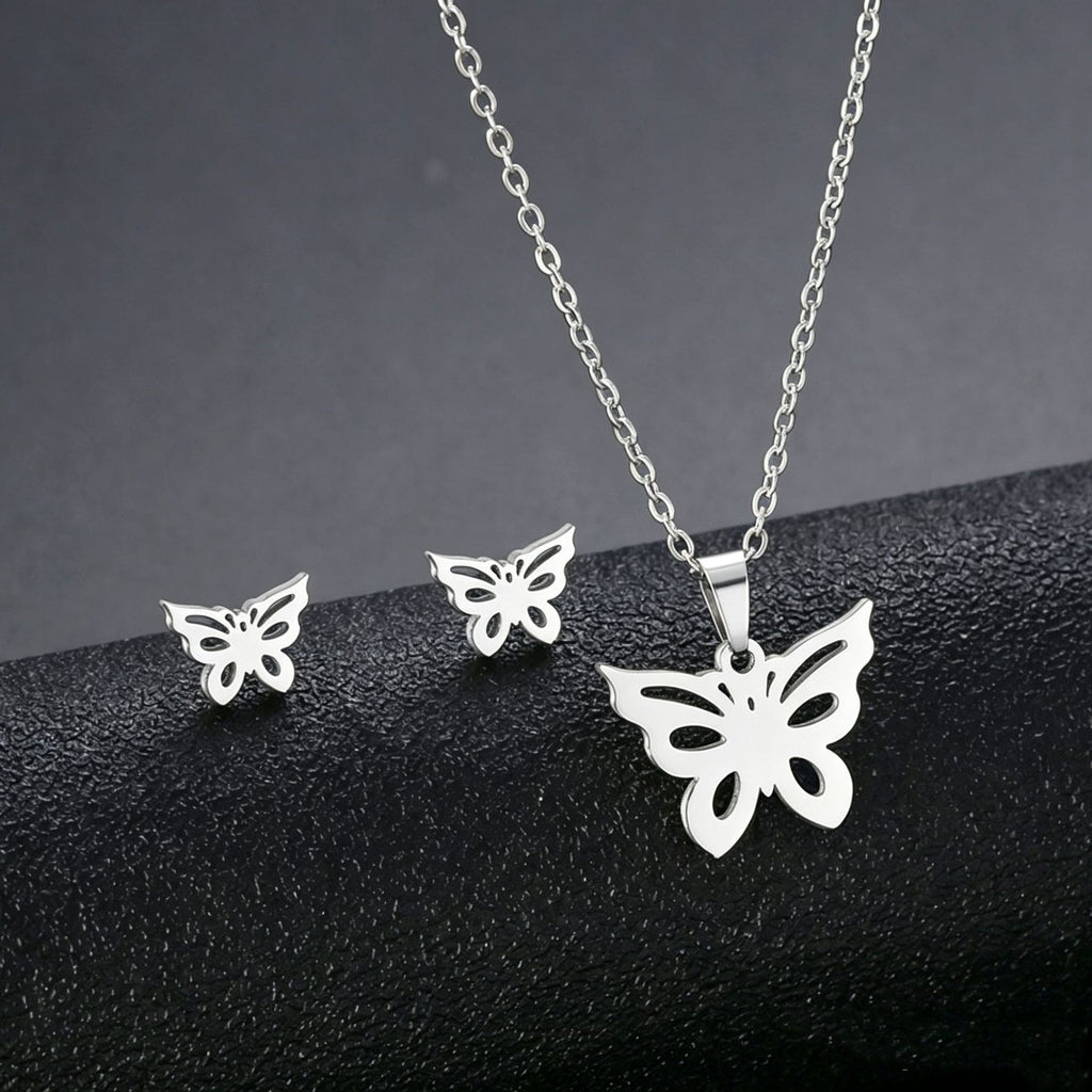 Stainless Steel Hollow Butterfly Jewelry Set Gold Silver Pendant Necklace Matching Stud Earrings Women Gift