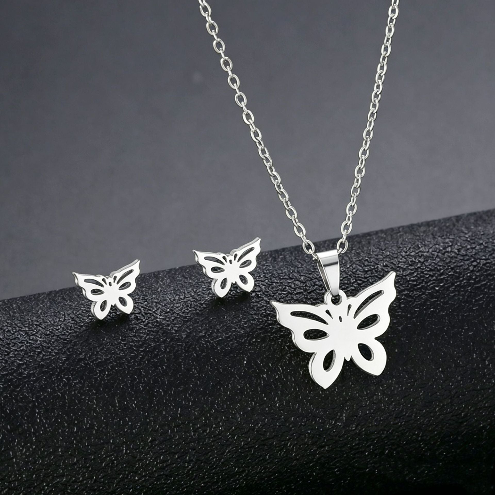 Stainless Steel Hollow Butterfly Jewelry Set Gold Silver Pendant Necklace Matching Stud Earrings Women Gift