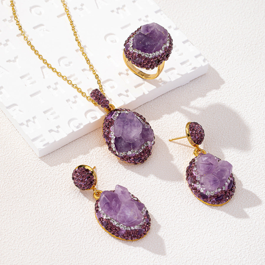 Natural Rough Brazilian Amethyst 3Pcs Jewelry Set Clay Inlaid Rhinestone Drop Earrings Adjustable Open Ring Pendant Necklace Gold Plated Women Boho Gift