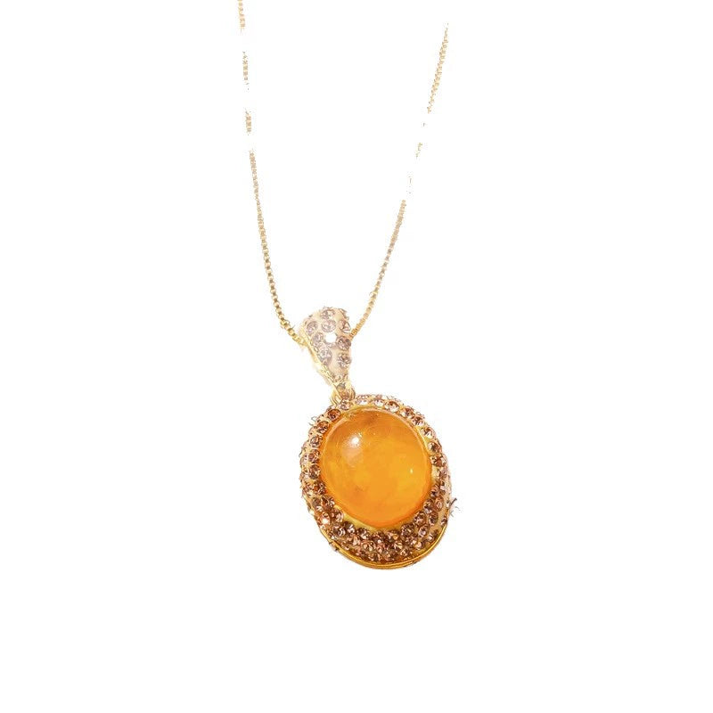 Vintage Oval Cabochon Yellow Amber Pendant Necklace Full Pave Champagne Zircon Halo Thin Gold Snake Chain Luxury Minimalist Layering Clavicle Necklace For Women