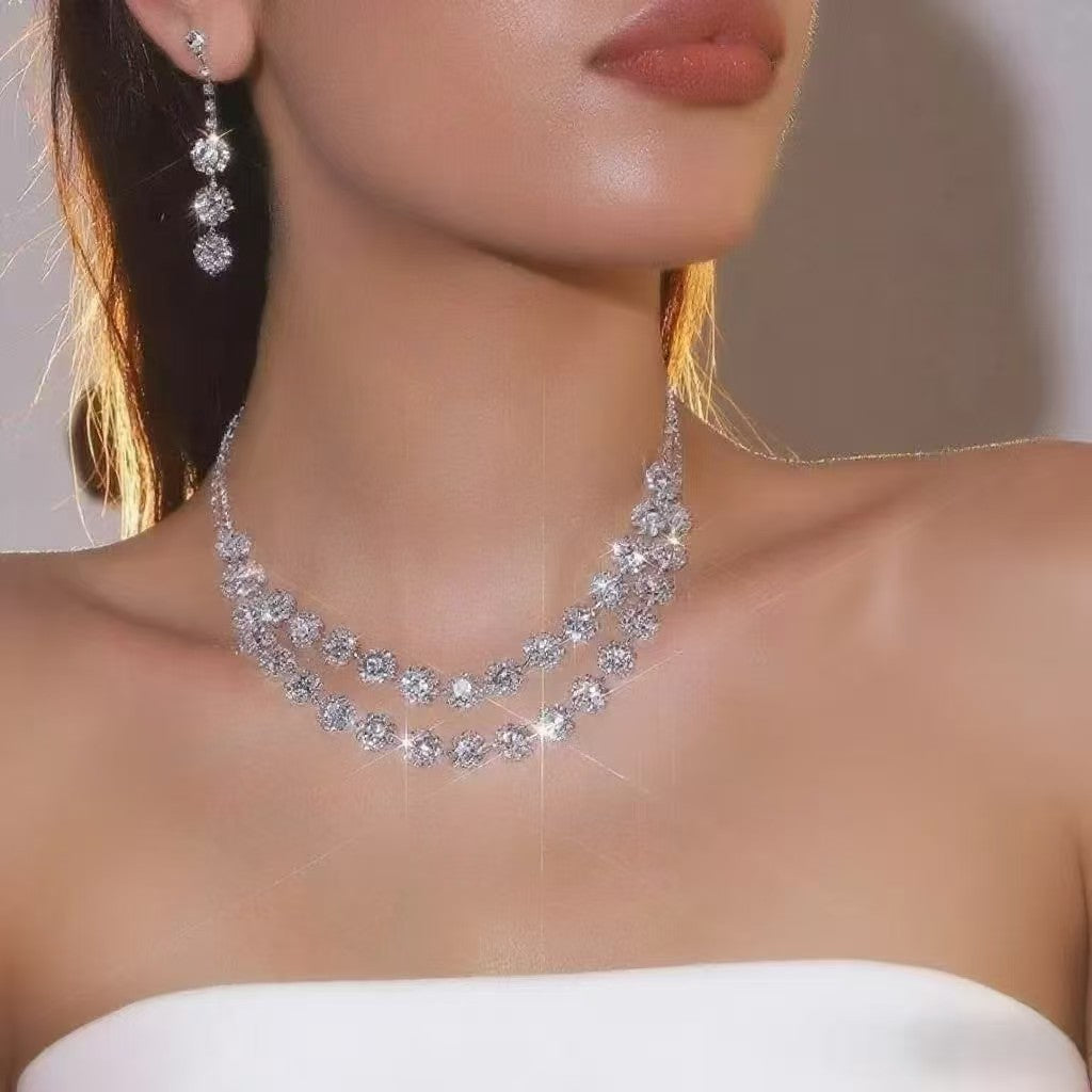 Double Layer Floral Zircon Jewelry Set, Necklace Earrings Bracelet Hypoallergenic