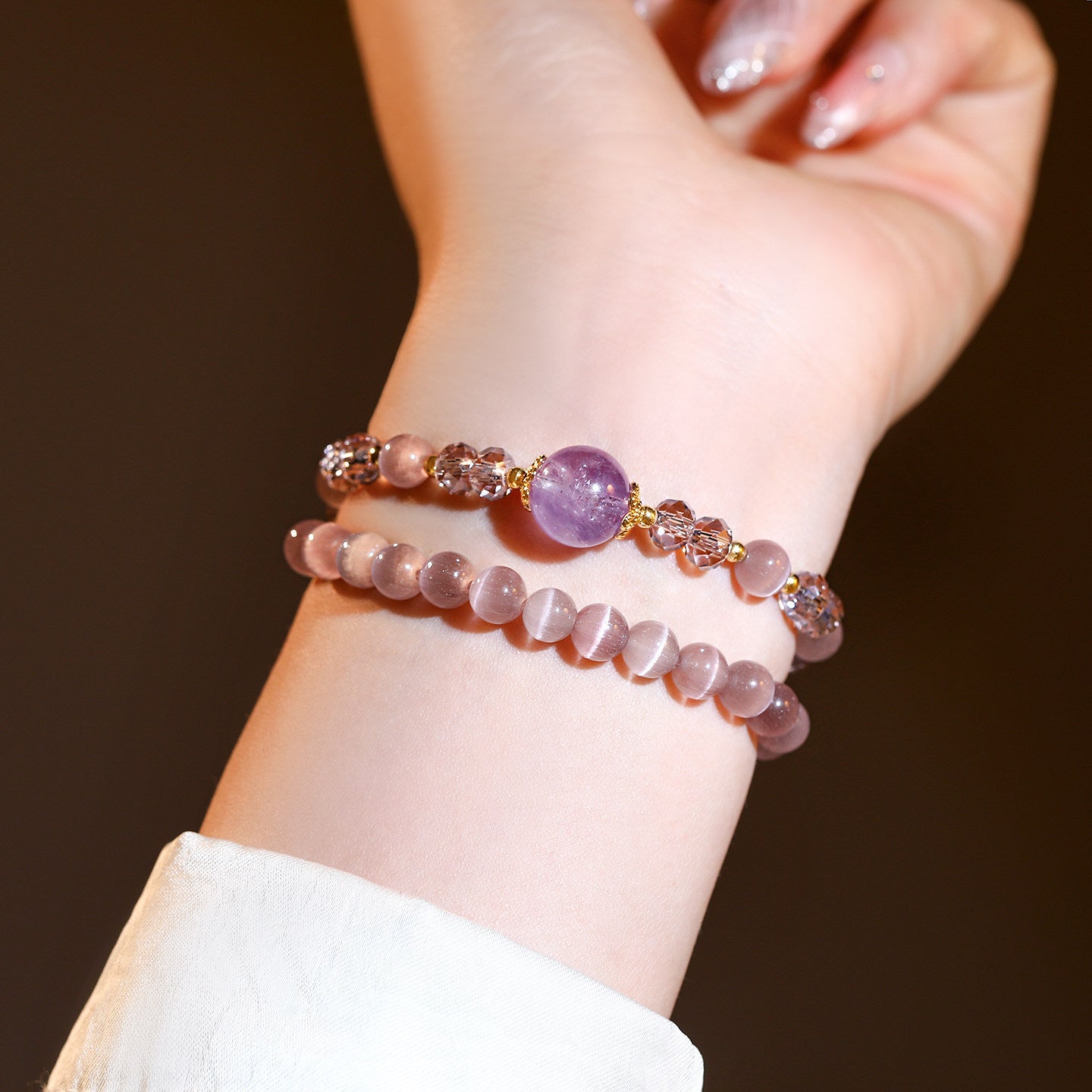 Double Layer Purple Cat’s Eye Beaded Stretch Bracelet, Natural Amethyst Focal Crystal Stackable Wrist Bracelet Dainty Feminine Jewelry for Women Daily Office Wear