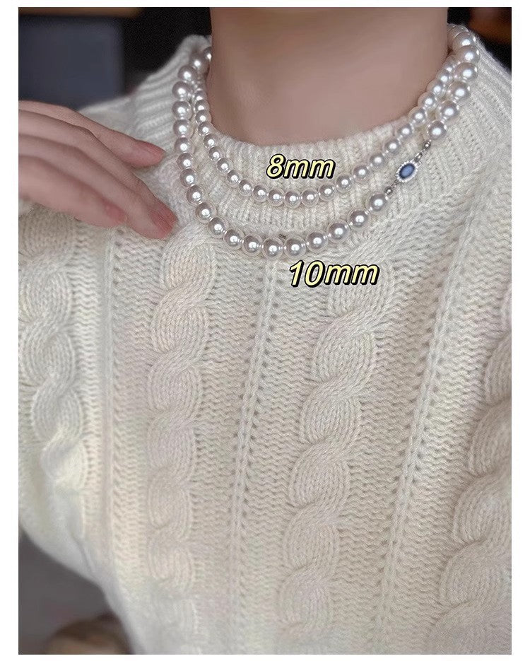 High Luster Natural Australian Mother of Pearl Necklace, 925 Sterling Silver Sapphire Inlaid Clasp, 45CM Single Strand Round Shell Pearl Choker, Elegant Vintage Pearl Jewelry for Wedding Party Daily Outfit Gift for Women